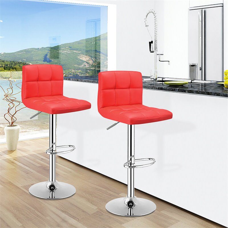 Pemberly Row PU Leather Adjustable Bar Stools in Red Finish (Set of 2)