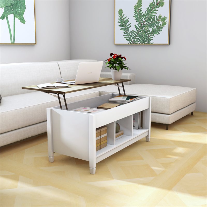 Pemberly Row Solid Wood Lift Top Coffee Table with Storage Shelves in White
