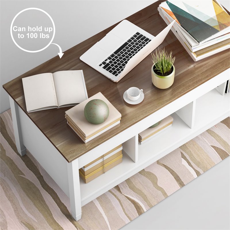 Pemberly Row Solid Wood Lift Top Coffee Table with Storage Shelves in White