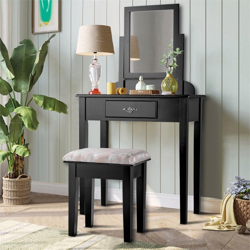 Pemberly Row Square Contemporary Wood and MDF Makeup Desk Vanity Set in Black