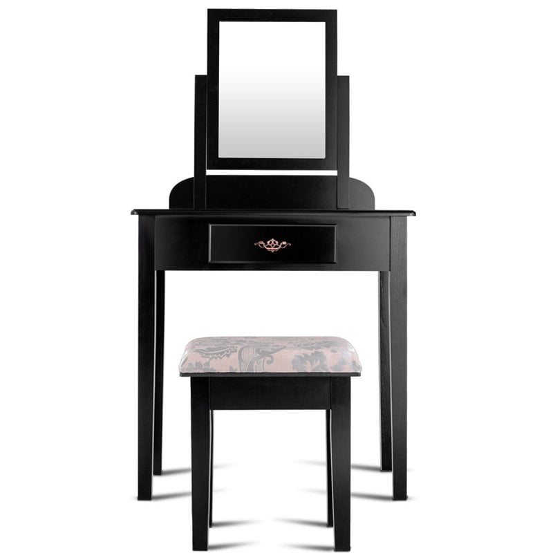 Pemberly Row Square Contemporary Wood and MDF Makeup Desk Vanity Set in Black