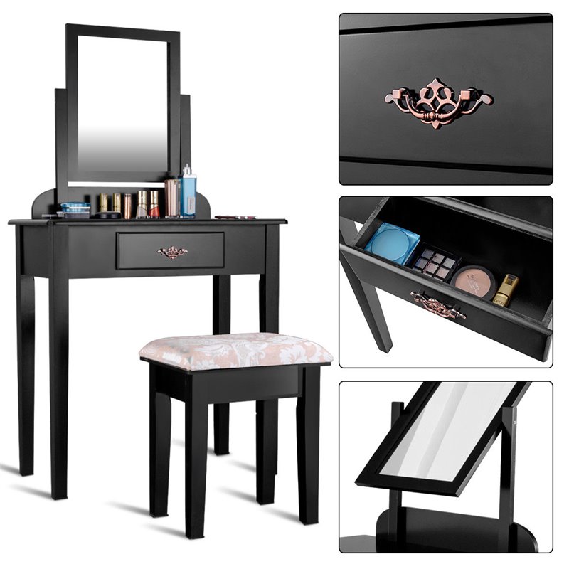Pemberly Row Square Contemporary Wood and MDF Makeup Desk Vanity Set in Black