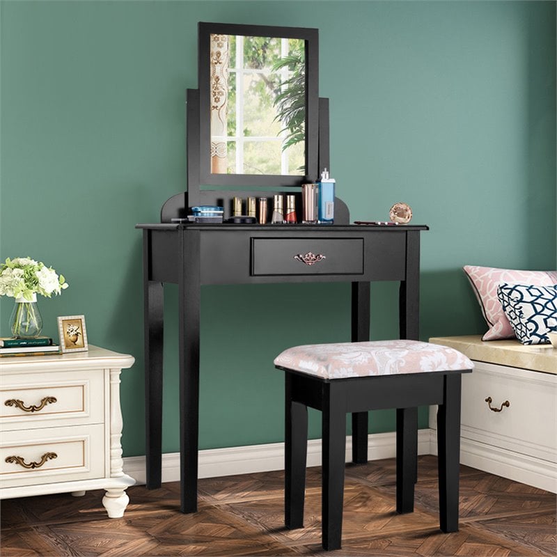 Pemberly Row Square Contemporary Wood and MDF Makeup Desk Vanity Set in Black