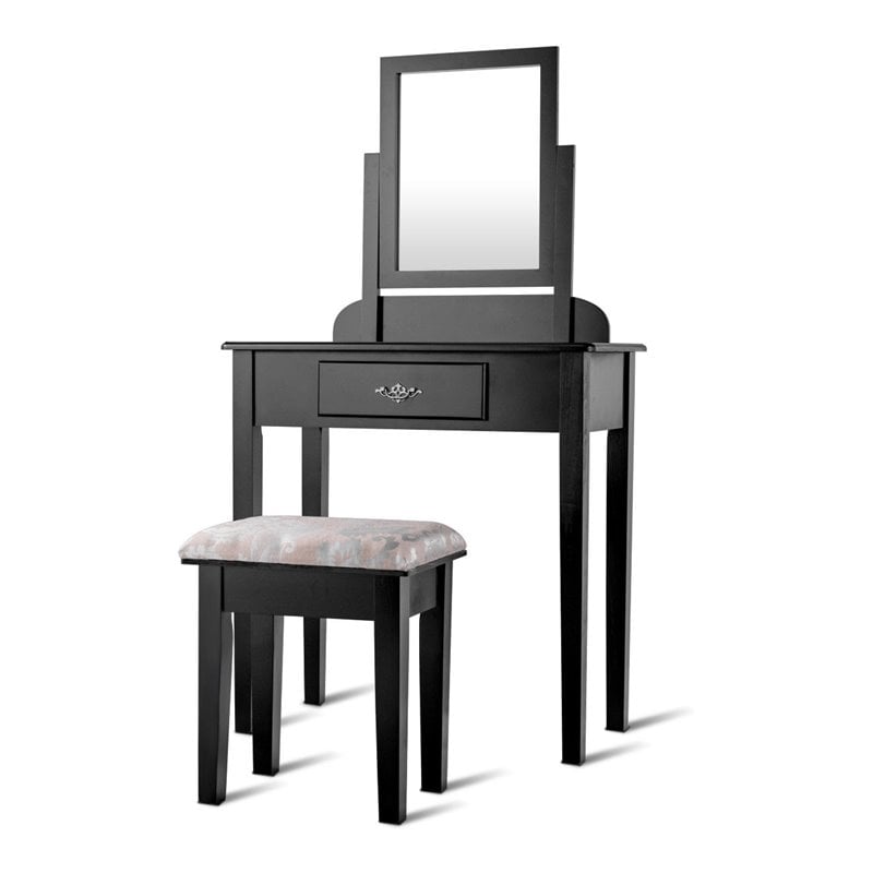 Pemberly Row Square Contemporary Wood and MDF Makeup Desk Vanity Set in Black