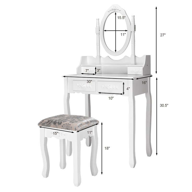 Pemberly Row Contemporary Paulownia Wood Makeup Desk Vanity Set in White