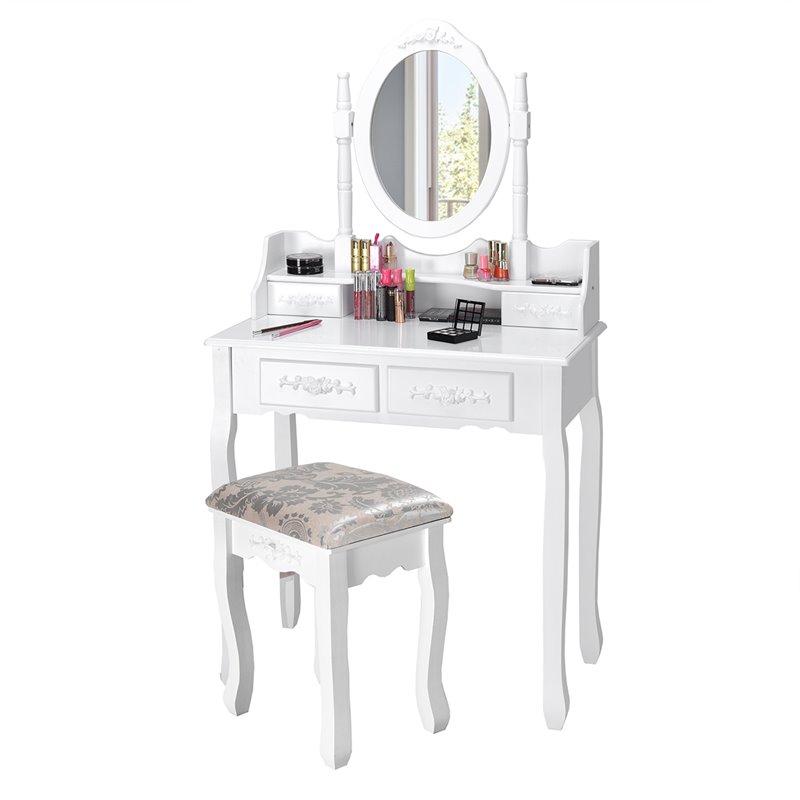Pemberly Row Contemporary Paulownia Wood Makeup Desk Vanity Set in White