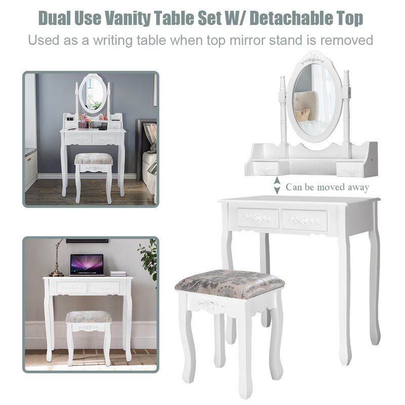 Pemberly Row Contemporary Paulownia Wood Makeup Desk Vanity Set in White