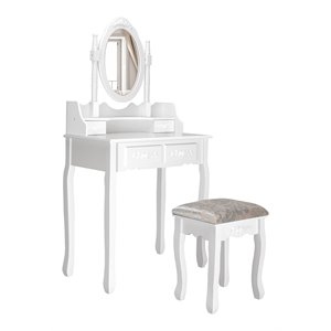 Pemberly Row Contemporary Paulownia Wood Makeup Desk Vanity Set in White