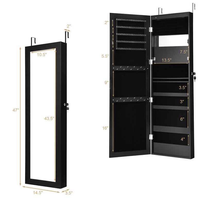 Pemberly Row Wall/Door Mounted LED Lights Mirrored Jewelry Cabinet in Black
