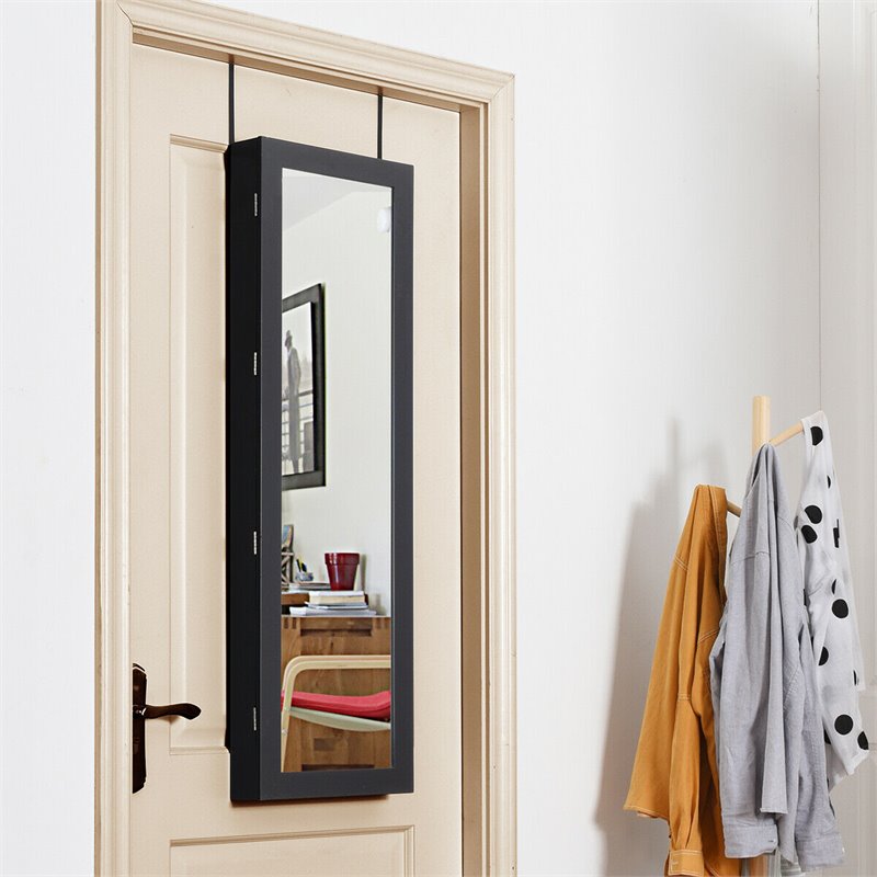 Pemberly Row Wall/Door Mounted LED Lights Mirrored Jewelry Cabinet in Black