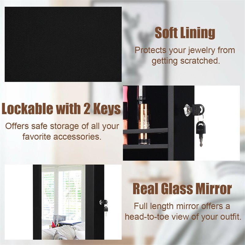 Pemberly Row Wall/Door Mounted LED Lights Mirrored Jewelry Cabinet in Black