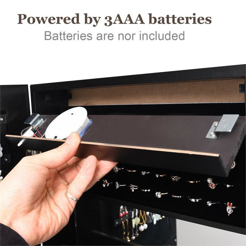 Pemberly Row Wall/Door Mounted LED Lights Mirrored Jewelry Cabinet in Black