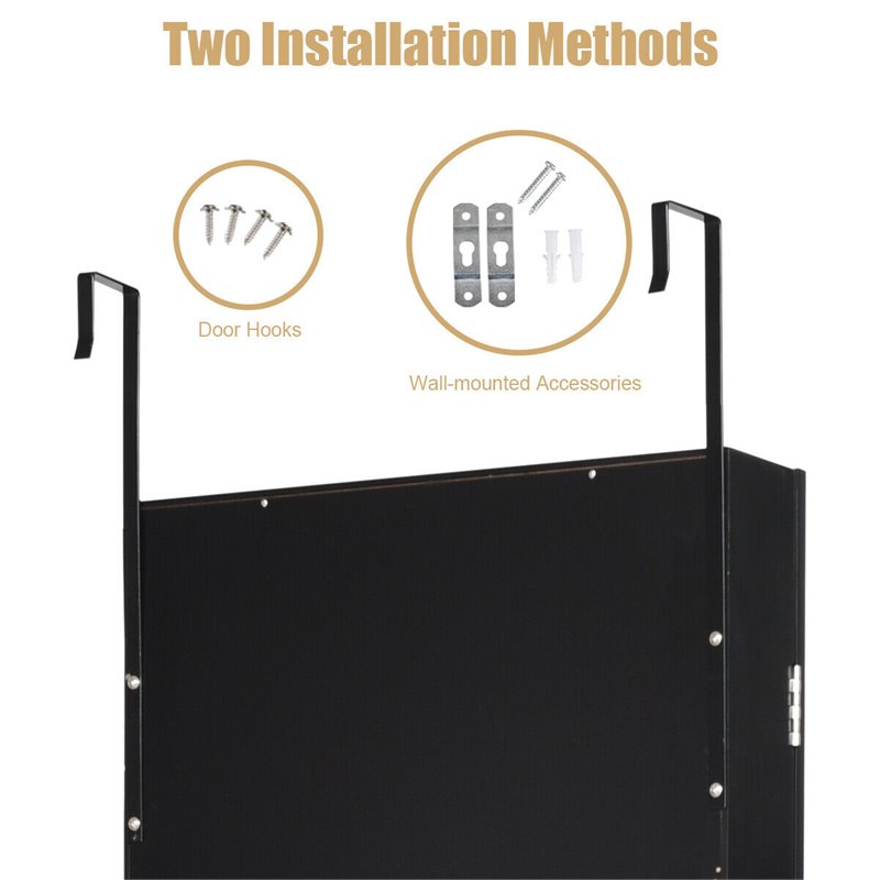 Pemberly Row Wall/Door Mounted LED Lights Mirrored Jewelry Cabinet in Black