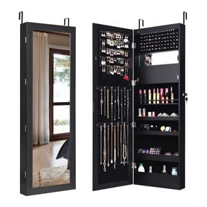 Pemberly Row Wall/Door Mounted LED Lights Mirrored Jewelry Cabinet in Black