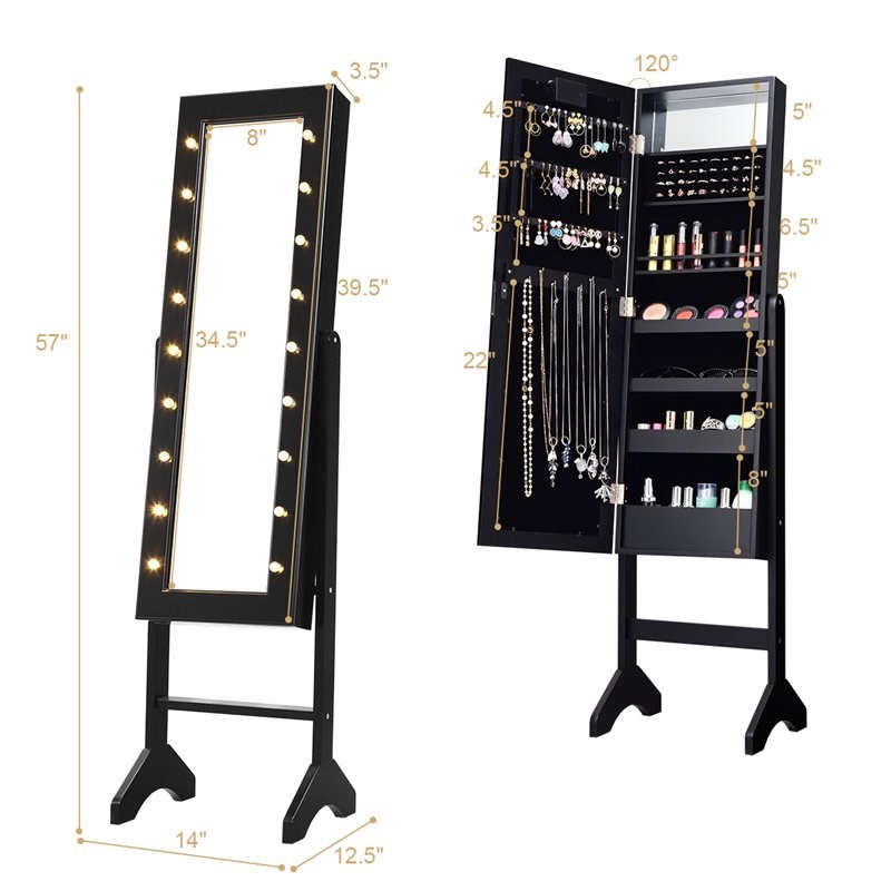 Pemberly Row MDF Board Mirrored Jewelry Cabinet with 18 LED Lights in Black