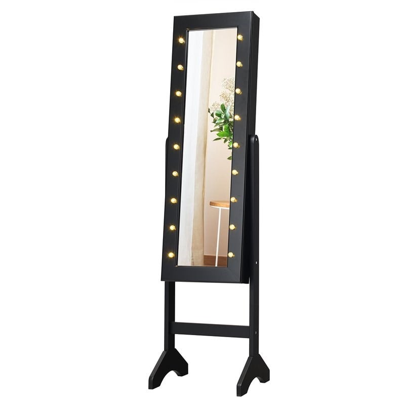 Pemberly Row MDF Board Mirrored Jewelry Cabinet with 18 LED Lights in Black