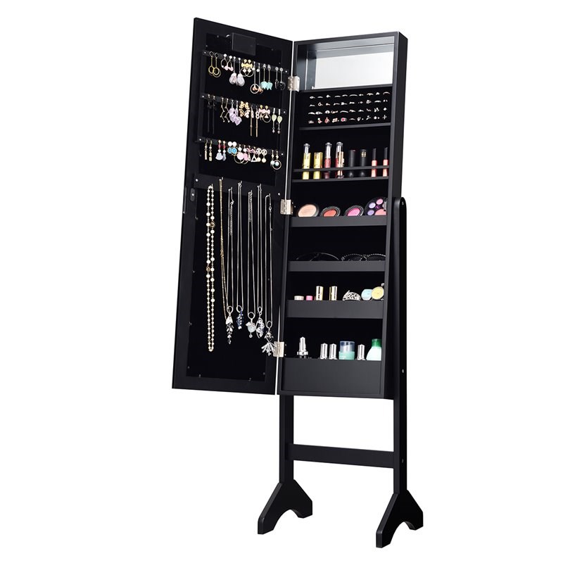 Pemberly Row MDF Board Mirrored Jewelry Cabinet with 18 LED Lights in Black
