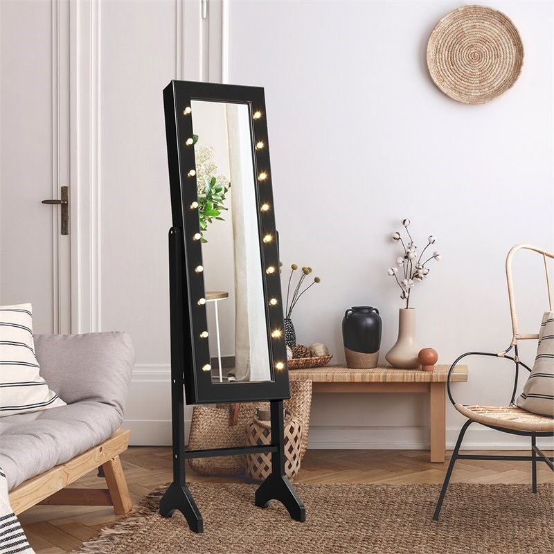 Pemberly Row MDF Board Mirrored Jewelry Cabinet with 18 LED Lights in Black