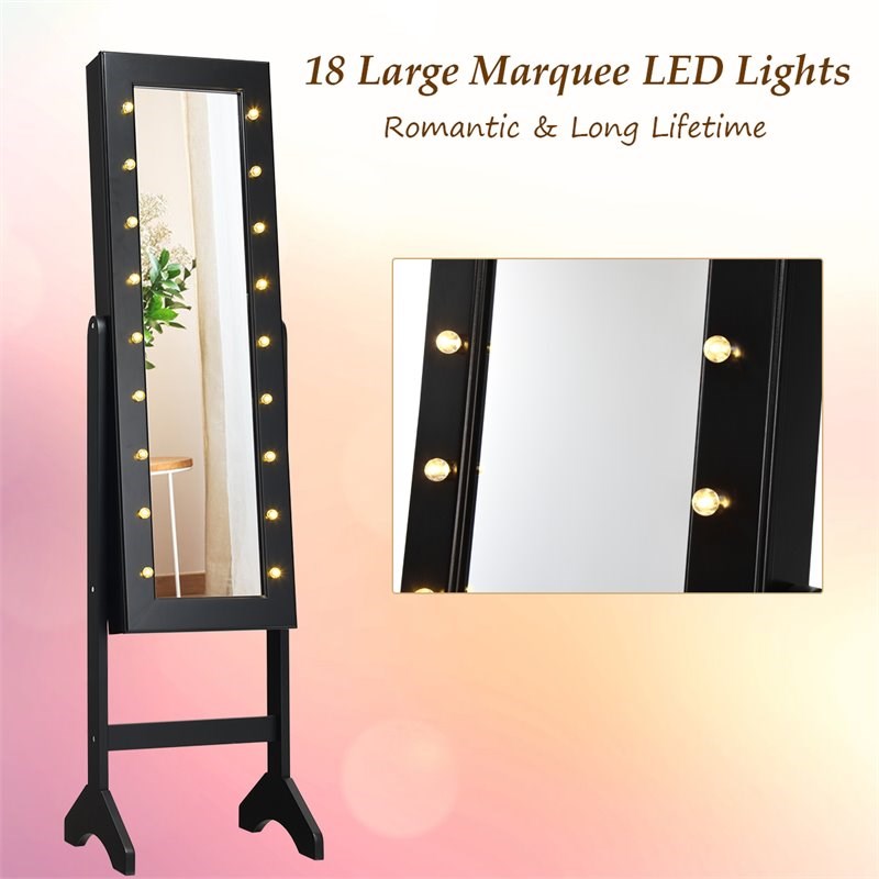 Pemberly Row MDF Board Mirrored Jewelry Cabinet with 18 LED Lights in Black