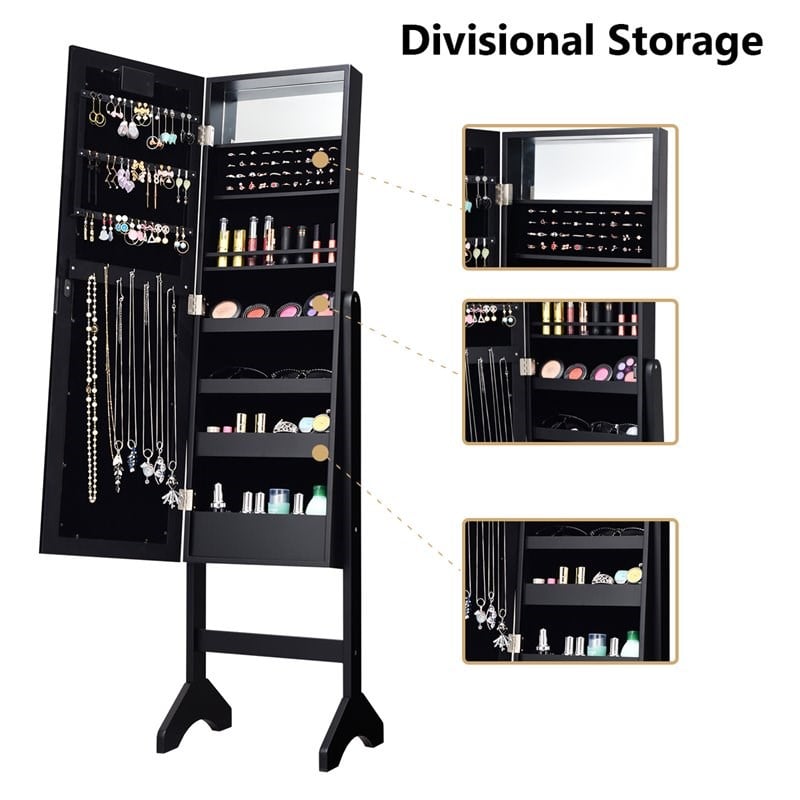Pemberly Row MDF Board Mirrored Jewelry Cabinet with 18 LED Lights in Black