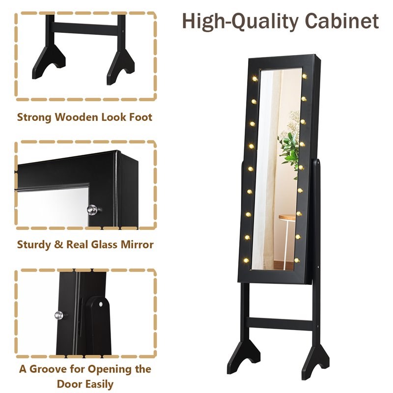 Pemberly Row MDF Board Mirrored Jewelry Cabinet with 18 LED Lights in Black