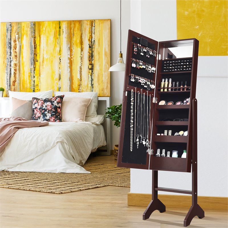 Pemberly Row MDF Board Mirrored Jewelry Cabinet with 18 LED Lights in Brown