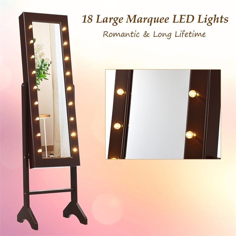 Pemberly Row MDF Board Mirrored Jewelry Cabinet with 18 LED Lights in Brown