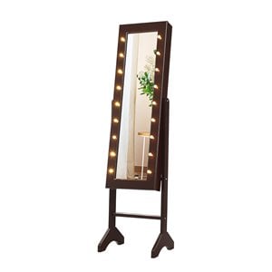 Pemberly Row MDF Board Mirrored Jewelry Cabinet with 18 LED Lights in Brown