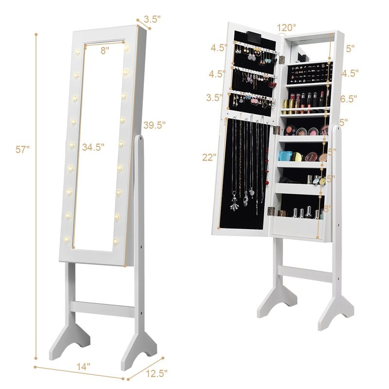 Pemberly Row MDF Board Mirrored Jewelry Cabinet with 18 LED Lights in White