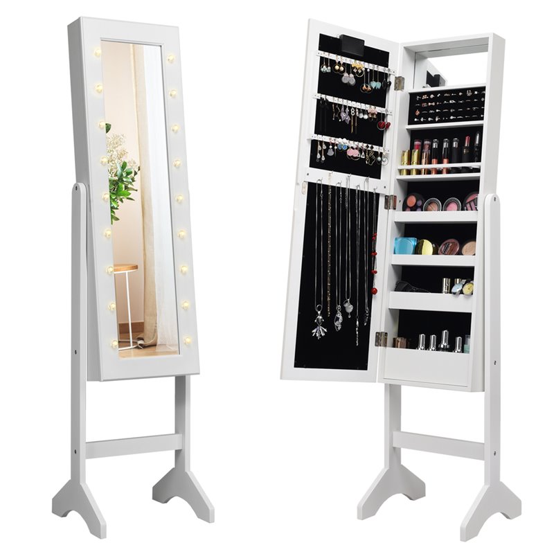 Pemberly Row MDF Board Mirrored Jewelry Cabinet with 18 LED Lights in White