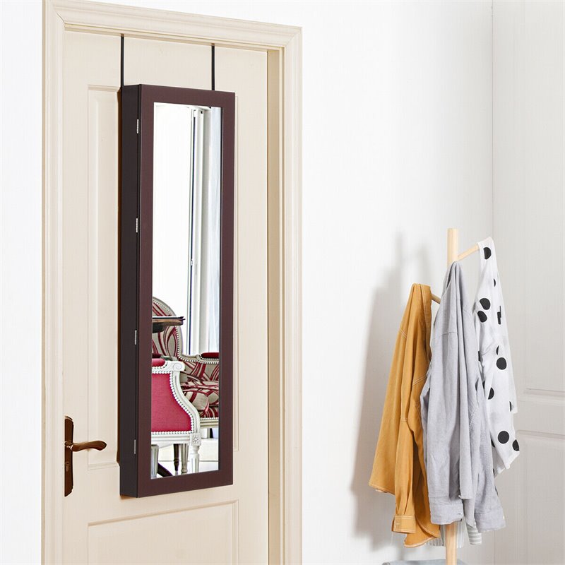 Pemberly Row Wall Door Mounted LED Lights Mirrored Jewelry Cabinet in Brown