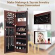 Pemberly Row Wall Door Mounted LED Lights Mirrored Jewelry Cabinet in Brown