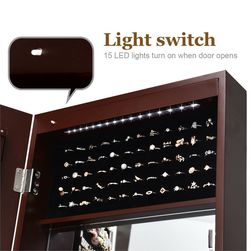 Pemberly Row Wall Door Mounted LED Lights Mirrored Jewelry Cabinet in Brown