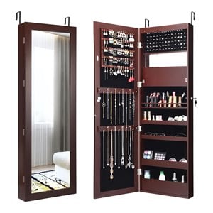 Pemberly Row Wall Door Mounted LED Lights Mirrored Jewelry Cabinet in Brown