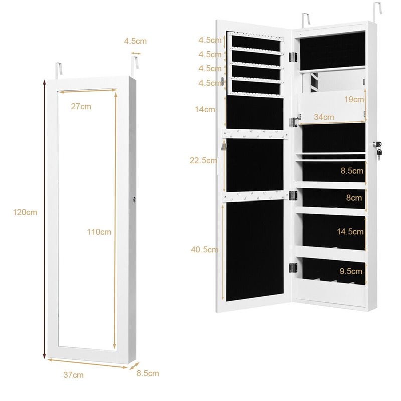 Pemberly Row Wall Door Mounted LED Lights Mirrored Jewelry Cabinet in White