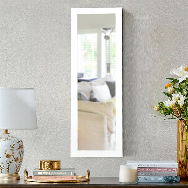Pemberly Row Wall Door Mounted LED Lights Mirrored Jewelry Cabinet in White