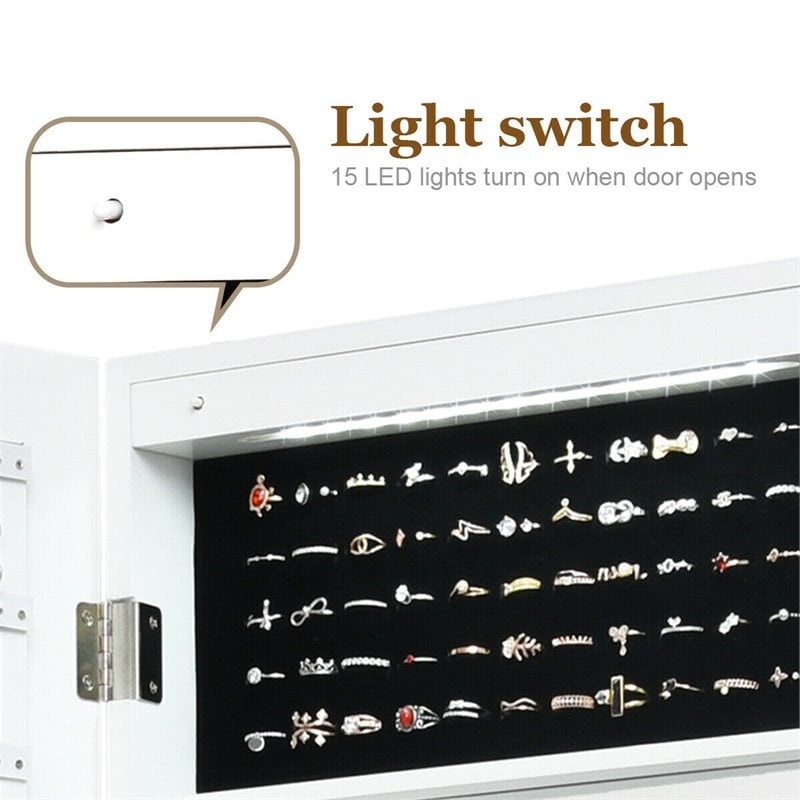 Pemberly Row Wall Door Mounted LED Lights Mirrored Jewelry Cabinet in White