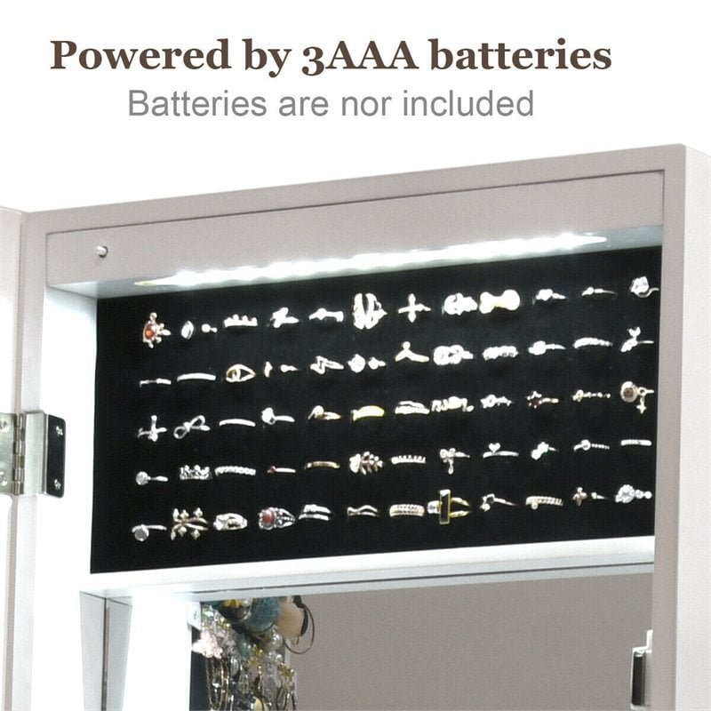 Pemberly Row Wall Door Mounted LED Lights Mirrored Jewelry Cabinet in White
