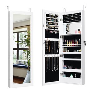 Pemberly Row Wall Door Mounted LED Lights Mirrored Jewelry Cabinet in White