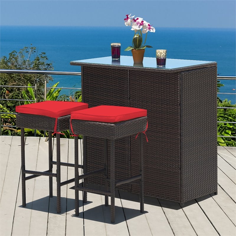 Pemberly Row 3-Pc Rattan & Iron Patio Dining Set with Cushioned Chairs in Red