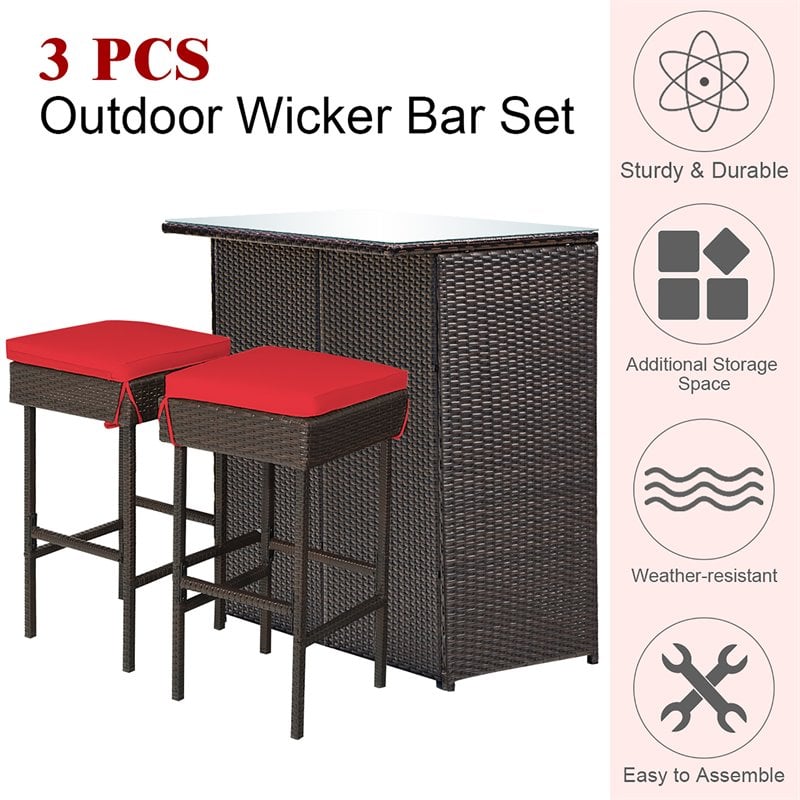 Pemberly Row 3-Pc Rattan & Iron Patio Dining Set with Cushioned Chairs in Red