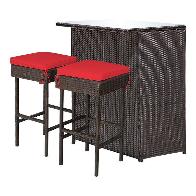 Pemberly Row 3-Pc Rattan & Iron Patio Dining Set with Cushioned Chairs in Red