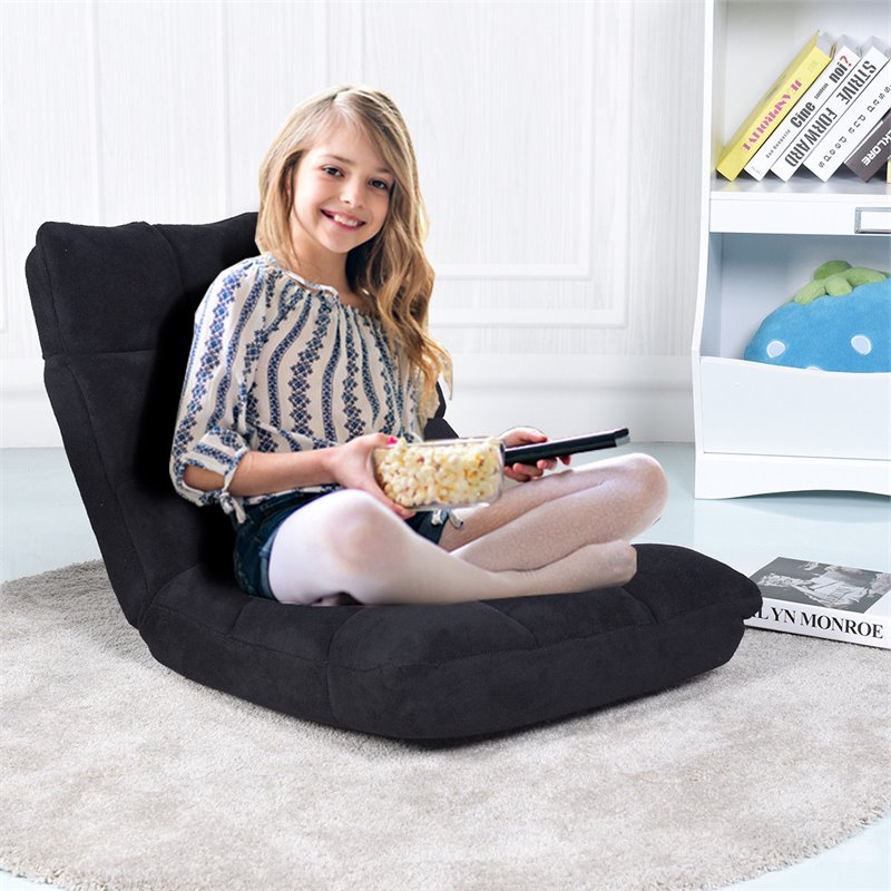 Pemberly Row Coral Velvet Adjustable 14-Position Floor Chair in Black