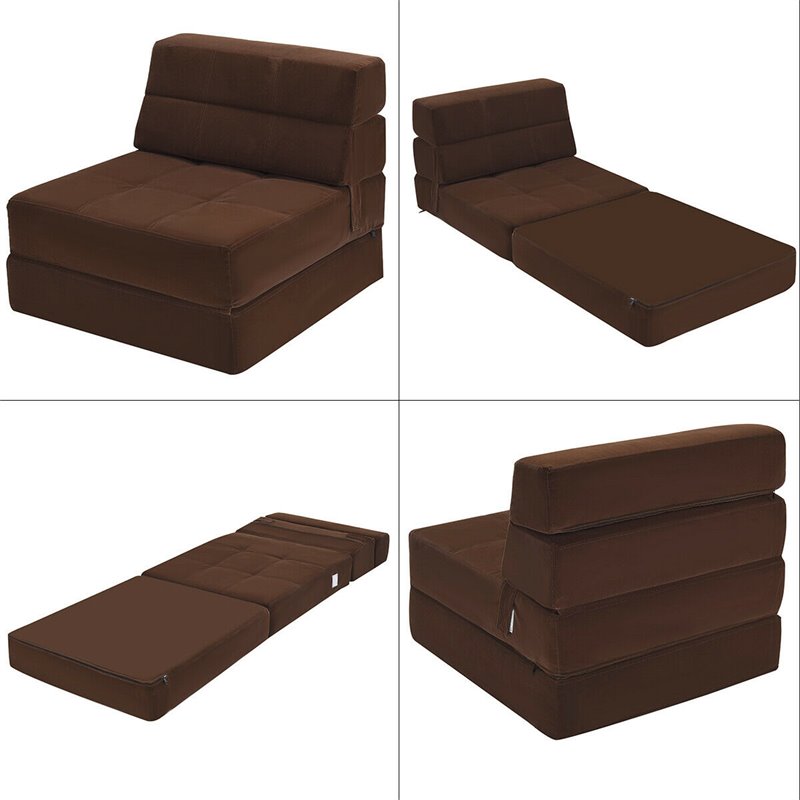 Pemberly Row Polyester and Sponge Tri-Fold Flip Out Lounger in Coffee