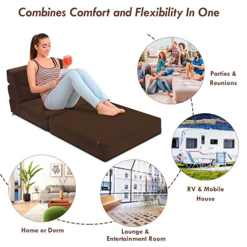 Pemberly Row Polyester and Sponge Tri-Fold Flip Out Lounger in Coffee