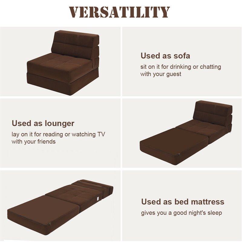 Pemberly Row Polyester and Sponge Tri-Fold Flip Out Lounger in Coffee