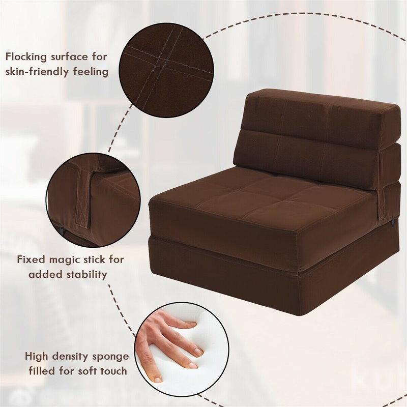 Pemberly Row Polyester and Sponge Tri-Fold Flip Out Lounger in Coffee