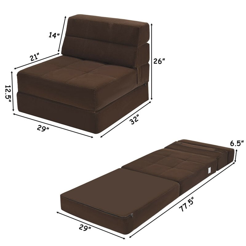 Pemberly Row Polyester and Sponge Tri-Fold Flip Out Lounger in Coffee