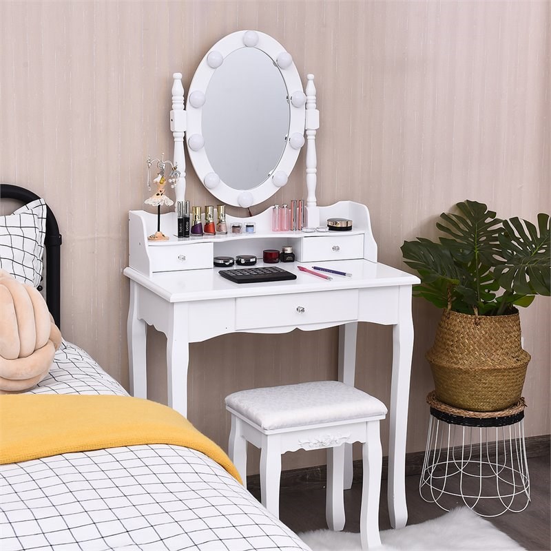 Pemberly Row MDF Vanity Dressing Table Set with 2 Side Drawers in White