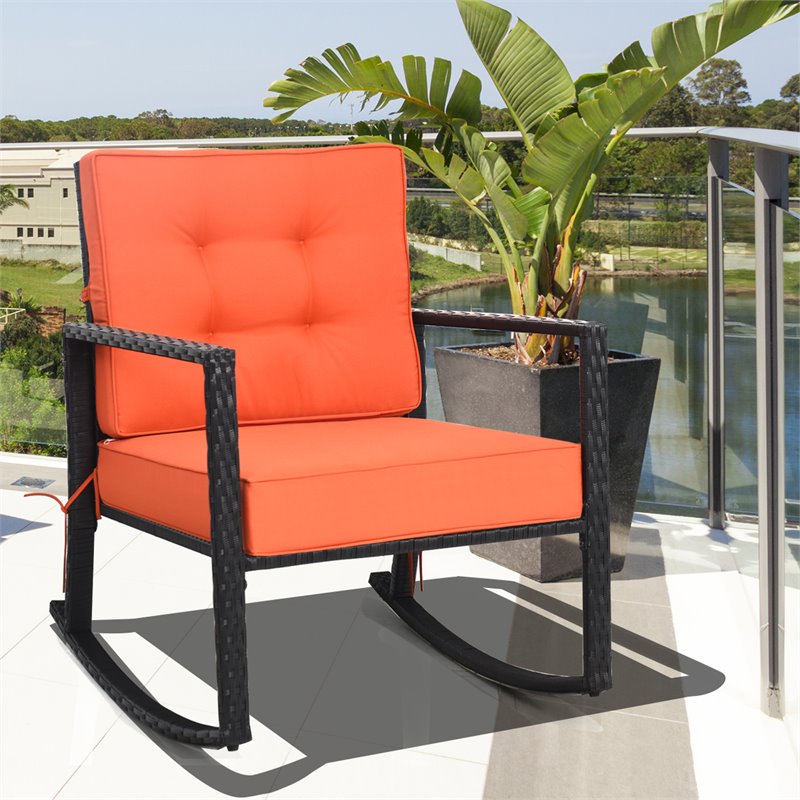 Pemberly Row Contemporary Rattan and Iron Patio Rocking Chair in Black
